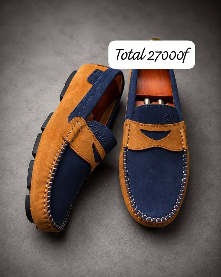 Mocassin daim camel bleu bicolore